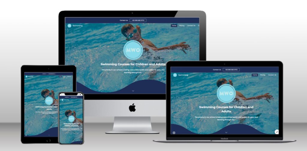 Aquilo swimming training Google Site theme homepage preview shown on a laptop and smartphone.