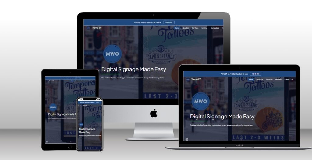 Signexa digital signage Google Site theme homepage preview shown on a laptop and smartphone.