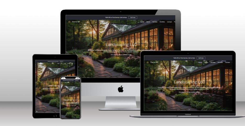 Greenora landscaping Google Site theme homepage preview shown on a laptop and smartphone.