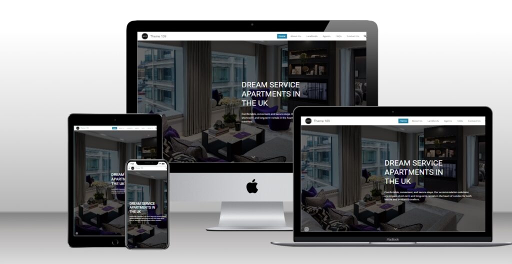 Suiteon serviced apartments Google Site theme preview displayed on a laptop and smartphone screen.