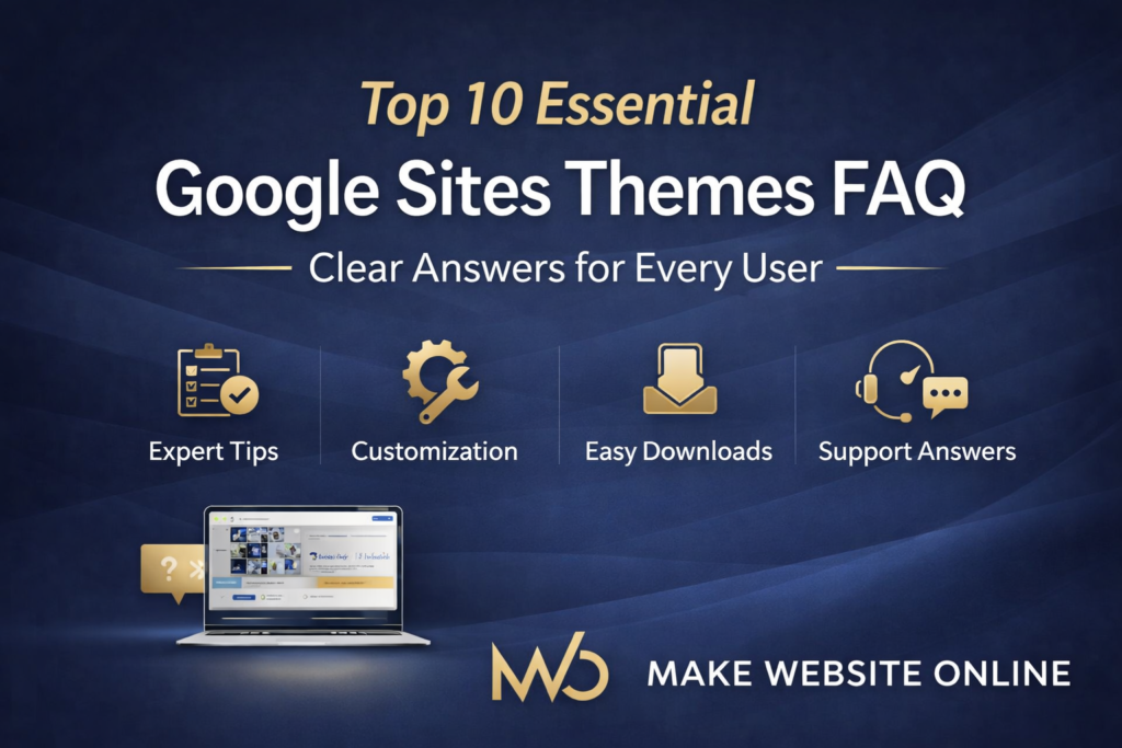 Dark blue and gold banner showing the title ‘Top 10 Essential Google Sites Themes FAQ – Clear Answers for Every User,’ with icons for Expert Tips, Customization, Easy Downloads, and Support Answers, plus MWO logo and MAKE WEBSITE ONLINE branding.